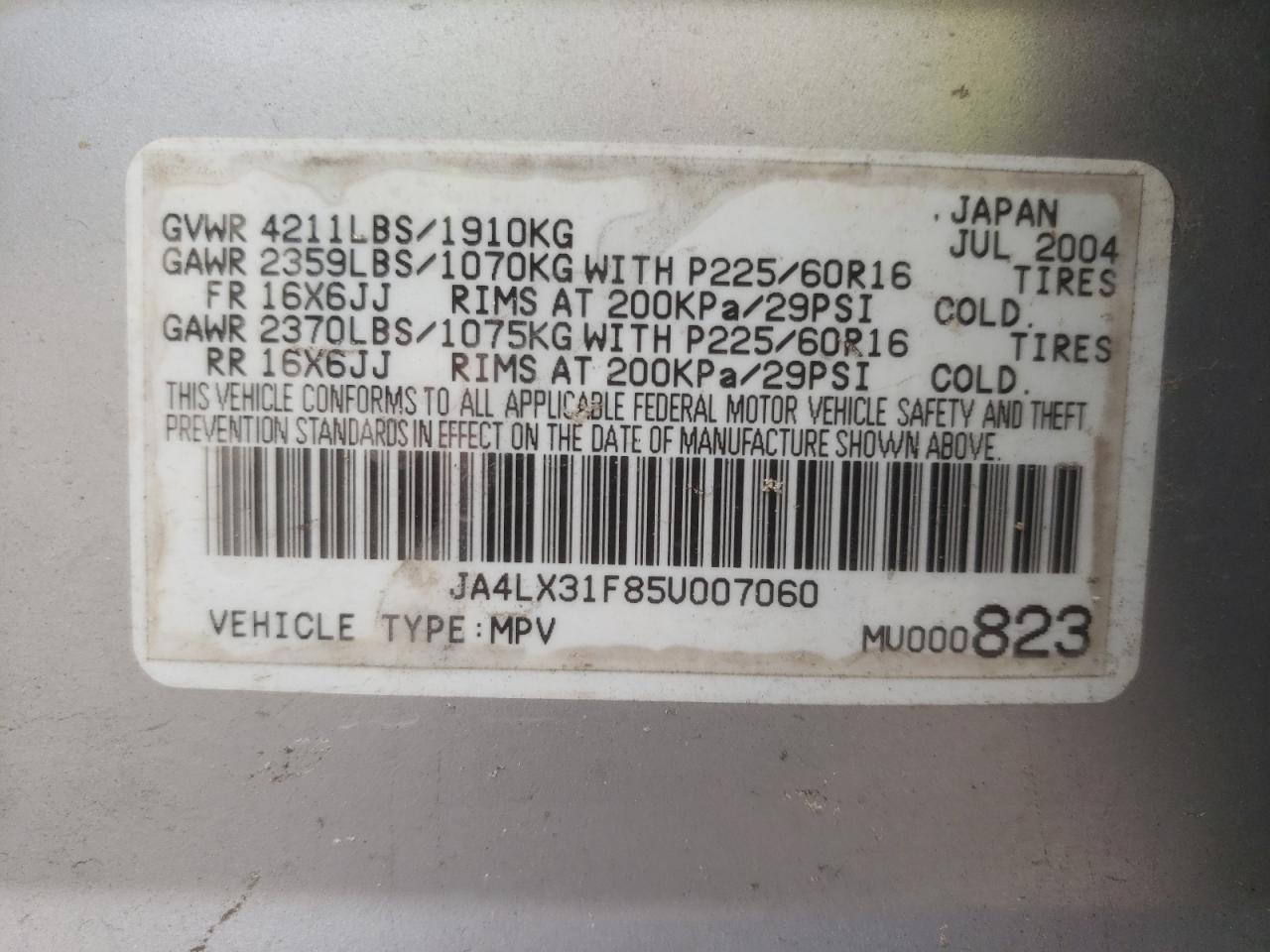 Photo 10 from auction – 2005 MITSUBISHI OUTLANDER with VIN JA4LX31F85U007060