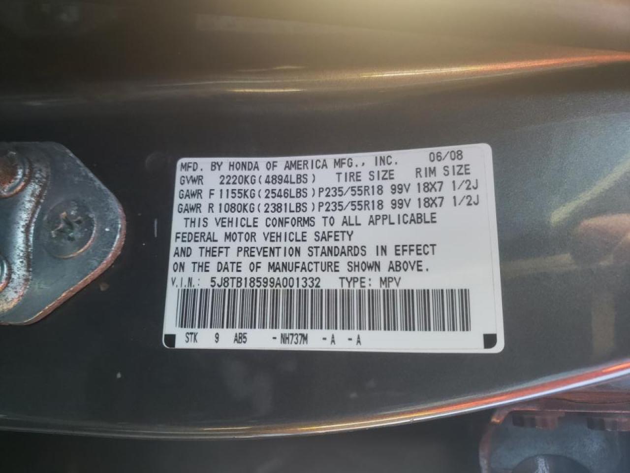 Photo 10 from auction – 2009 ACURA RDX TECHNO with VIN 5J8TB18599A001332