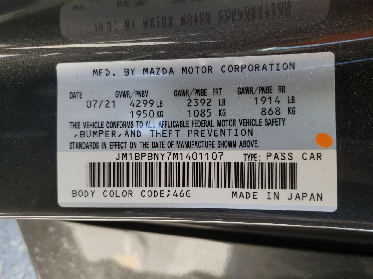 Photo 10 from auction – 2021 MAZDA 3 PREMIUM with VIN JM1BPBNY7M1401107