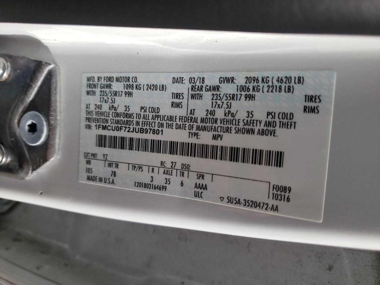 Photo 10 from auction – 2018 FORD ESCAPE S with VIN 1FMCU0F72JUB97801