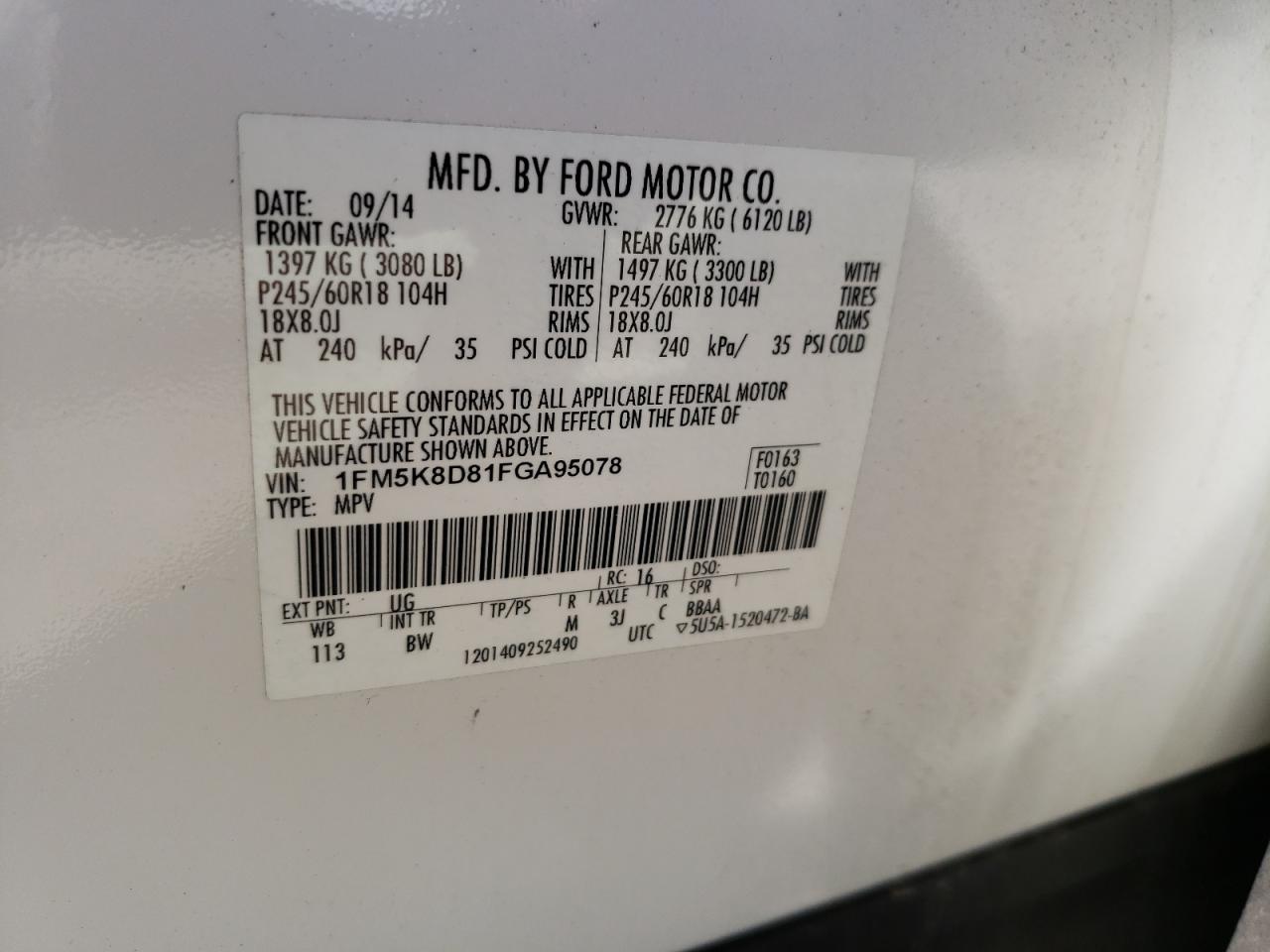 Photo 10 from auction – 2015 FORD EXPLORER X with VIN 1FM5K8D81FGA95078