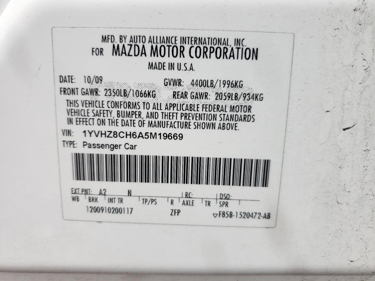 Photo 10 from auction – 2010 MAZDA 6 I with VIN 1YVHZ8CH6A5M19669