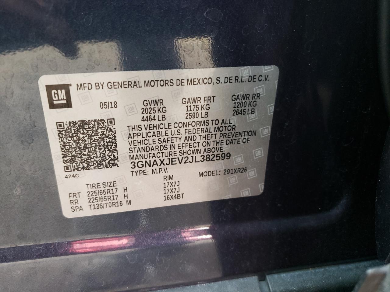 Photo 10 from auction – 2018 CHEVROLET EQUINOX LT with VIN 3GNAXJEV2JL382599