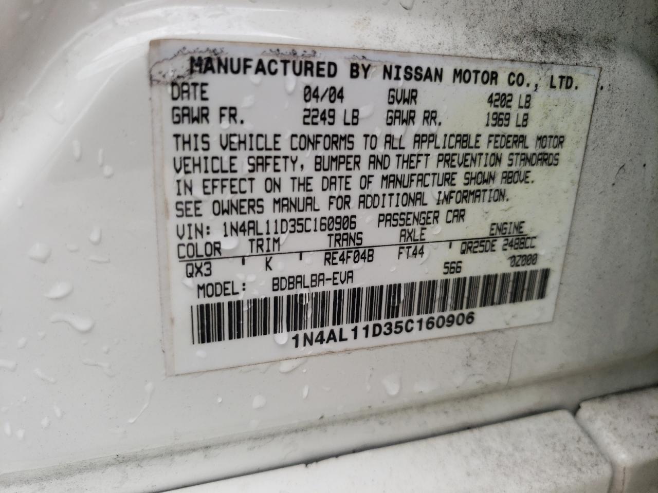 Photo 10 from auction – 2005 NISSAN ALTIMA S with VIN 1N4AL11D35C160906