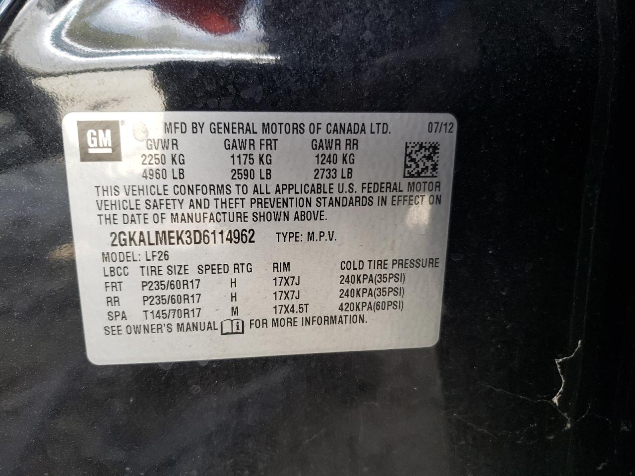Photo 10 from auction – 2013 GMC TERRAIN SL with VIN 2GKALMEK3D6114962