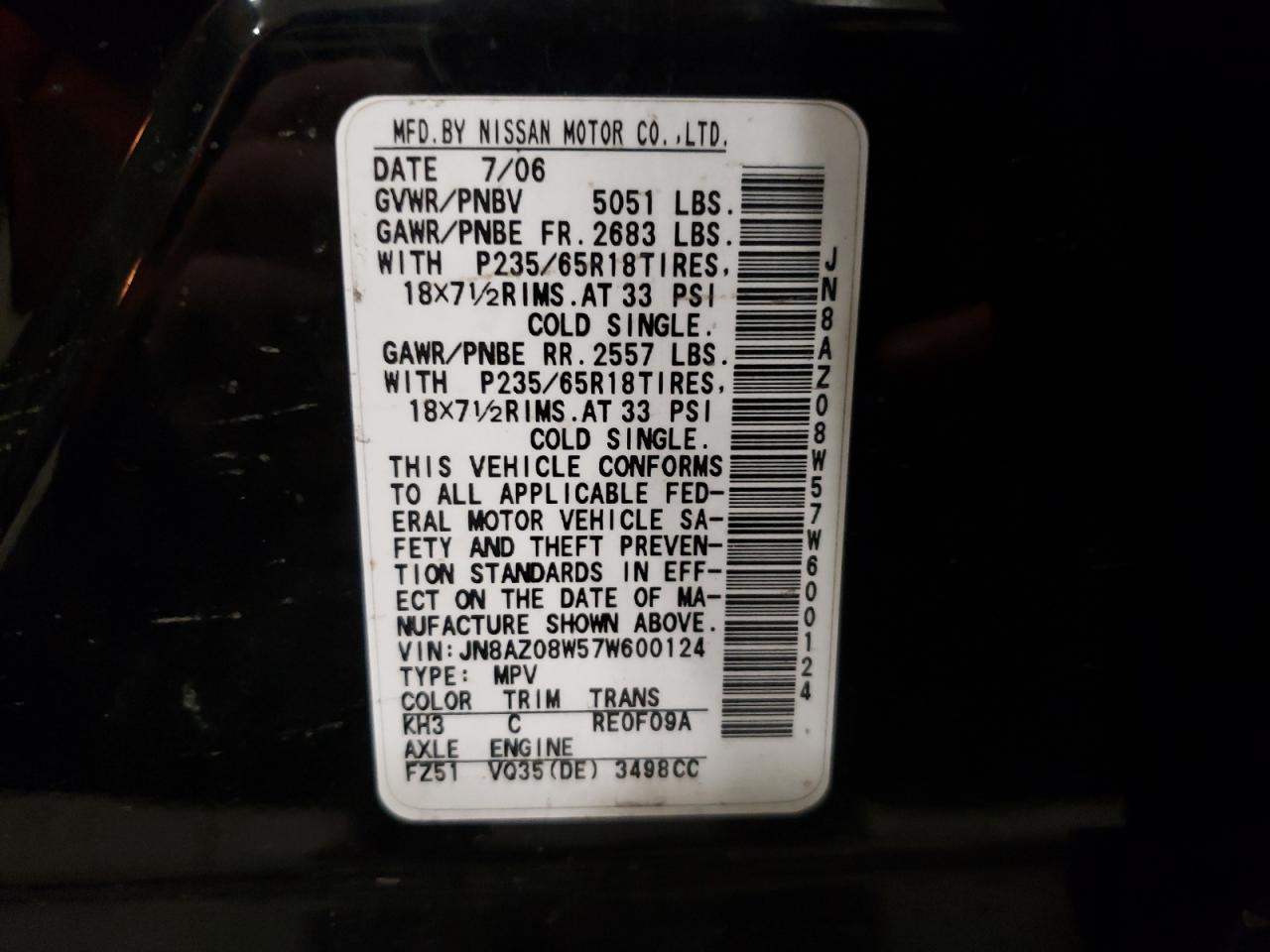 Photo 10 from auction – 2007 NISSAN MURANO SL with VIN JN8AZ08W57W600124