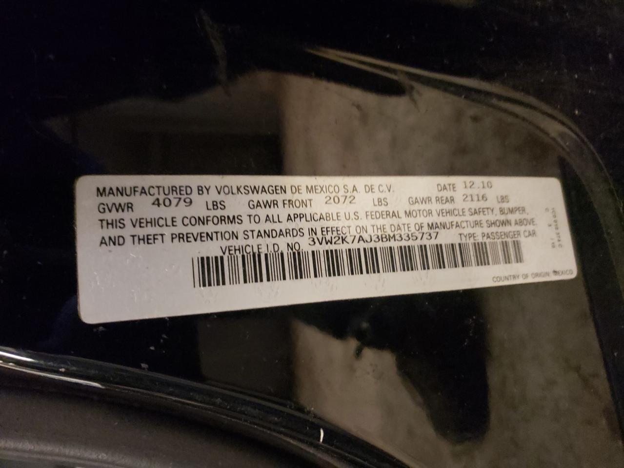 Photo 10 from auction – 2011 VOLKSWAGEN JETTA BASE with VIN 3VW2K7AJ3BM335737