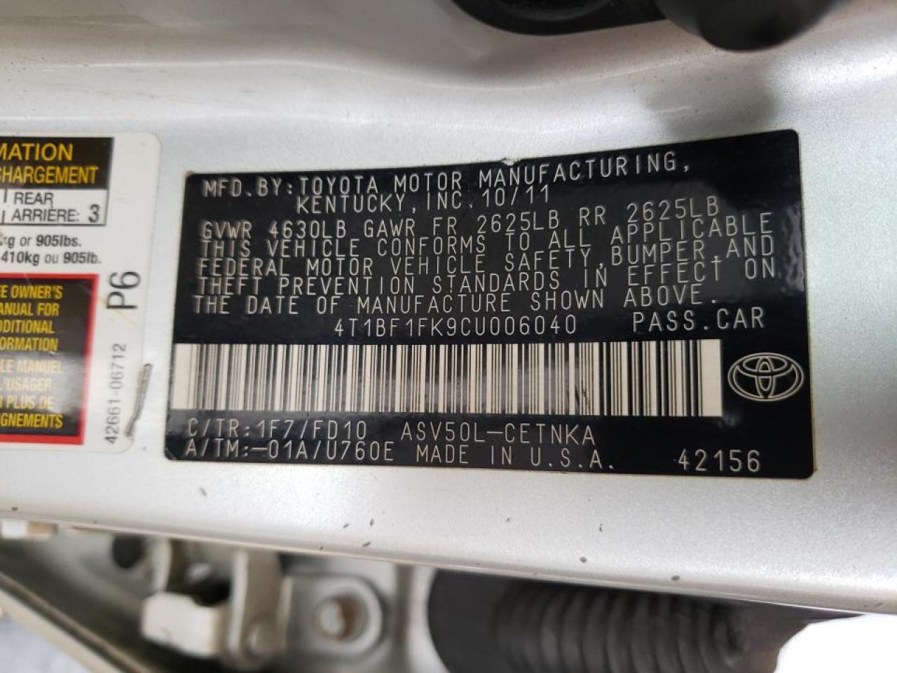 Photo 10 from auction – 2012 TOYOTA CAMRY BASE with VIN 4T1BF1FK9CU006040