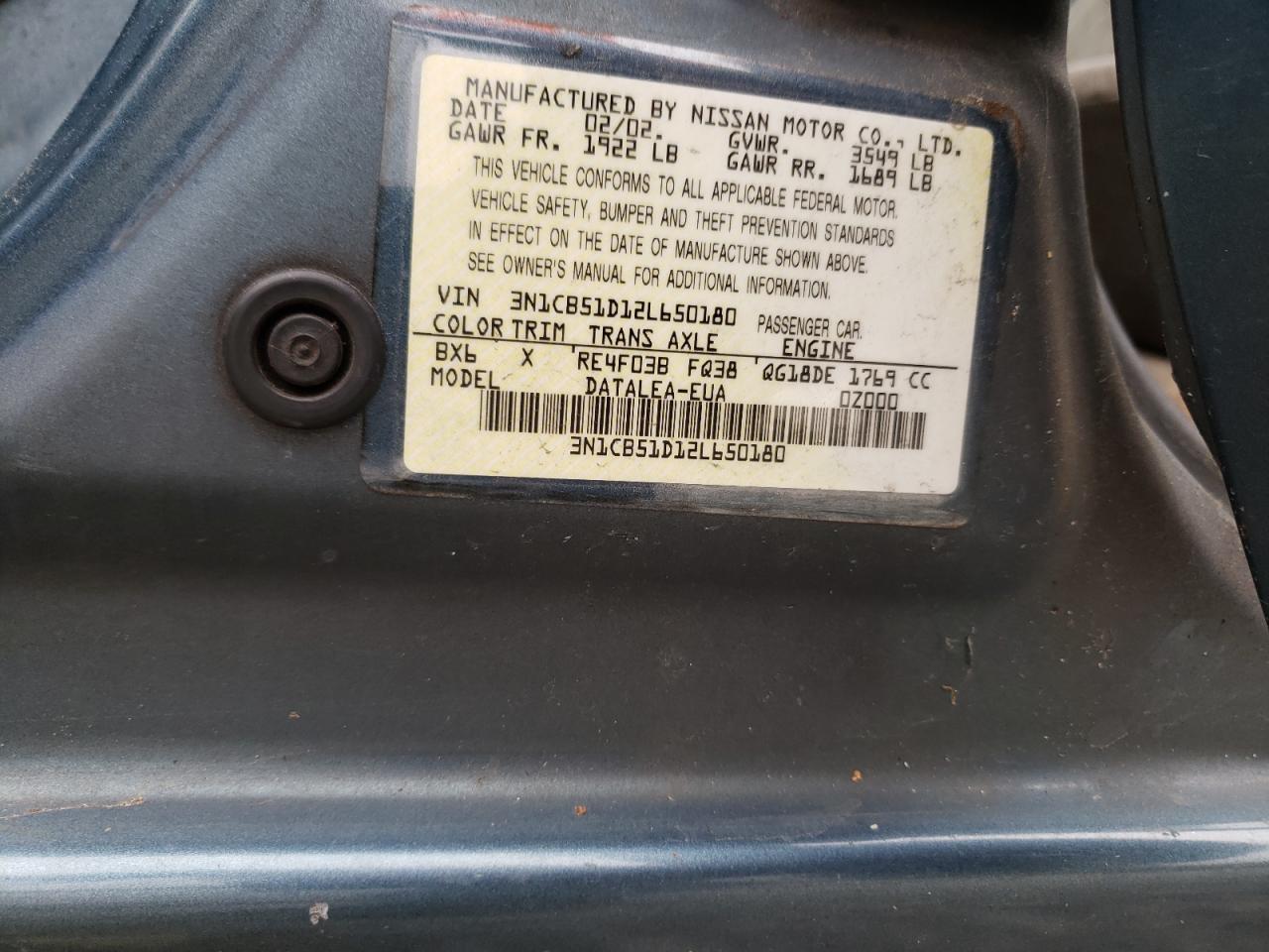 Photo 10 from auction – 2002 NISSAN SENTRA XE with VIN 3N1CB51D12L650180