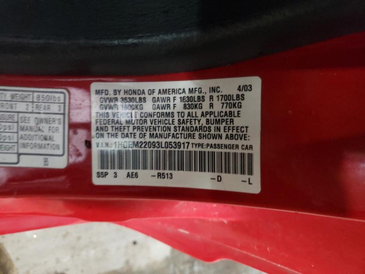 Photo 10 from auction – 2003 HONDA CIVIC EX with VIN 1HGEM22093L053917
