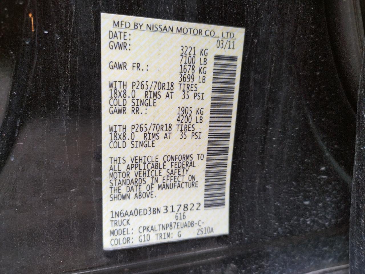 Photo 10 from auction – 2011 NISSAN TITAN S with VIN 1N6AA0ED3BN317822