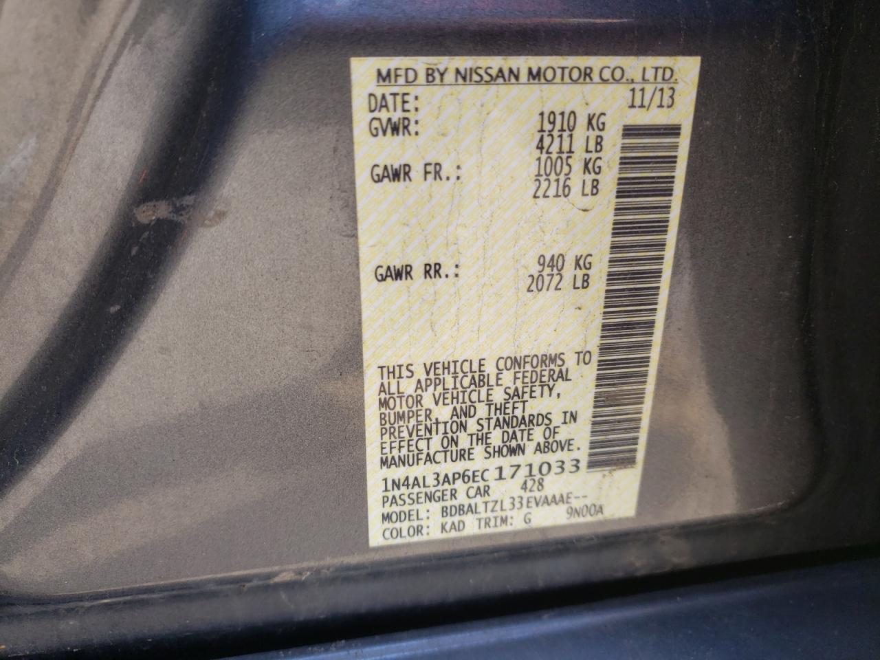 Photo 10 from auction – 2014 NISSAN ALTIMA 2.5 with VIN 1N4AL3AP6EC171033