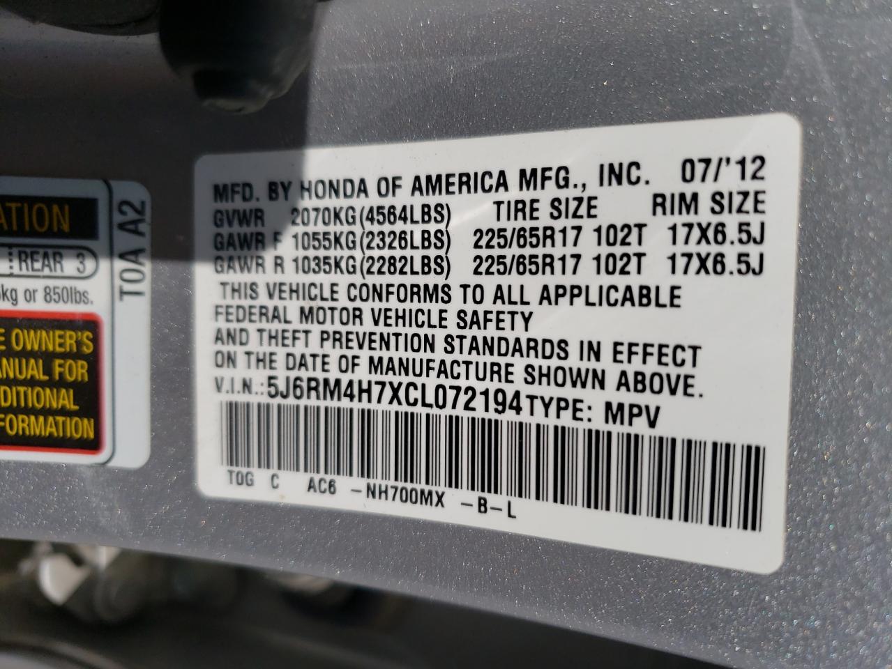 Photo 10 from auction – 2012 HONDA CR-V EXL with VIN 5J6RM4H7XCL072194