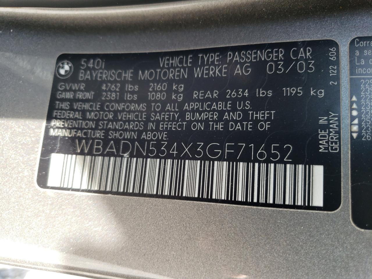 Photo 10 from auction – 2003 BMW 540 I with VIN WBADN534X3GF71652