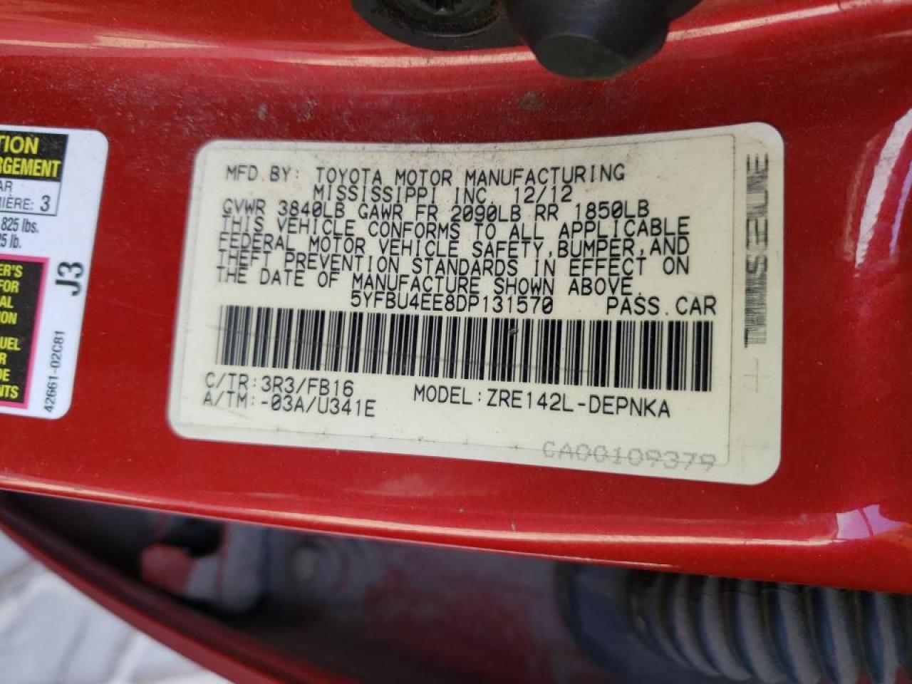Photo 10 from auction – 2013 TOYOTA COROLLA BA with VIN 5YFBU4EE8DP131570
