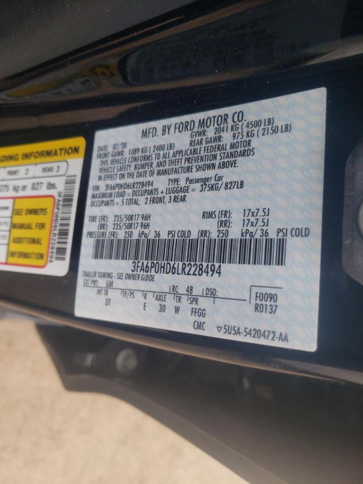 Photo 10 from auction – 2020 FORD FUSION SE with VIN 3FA6P0HD6LR228494