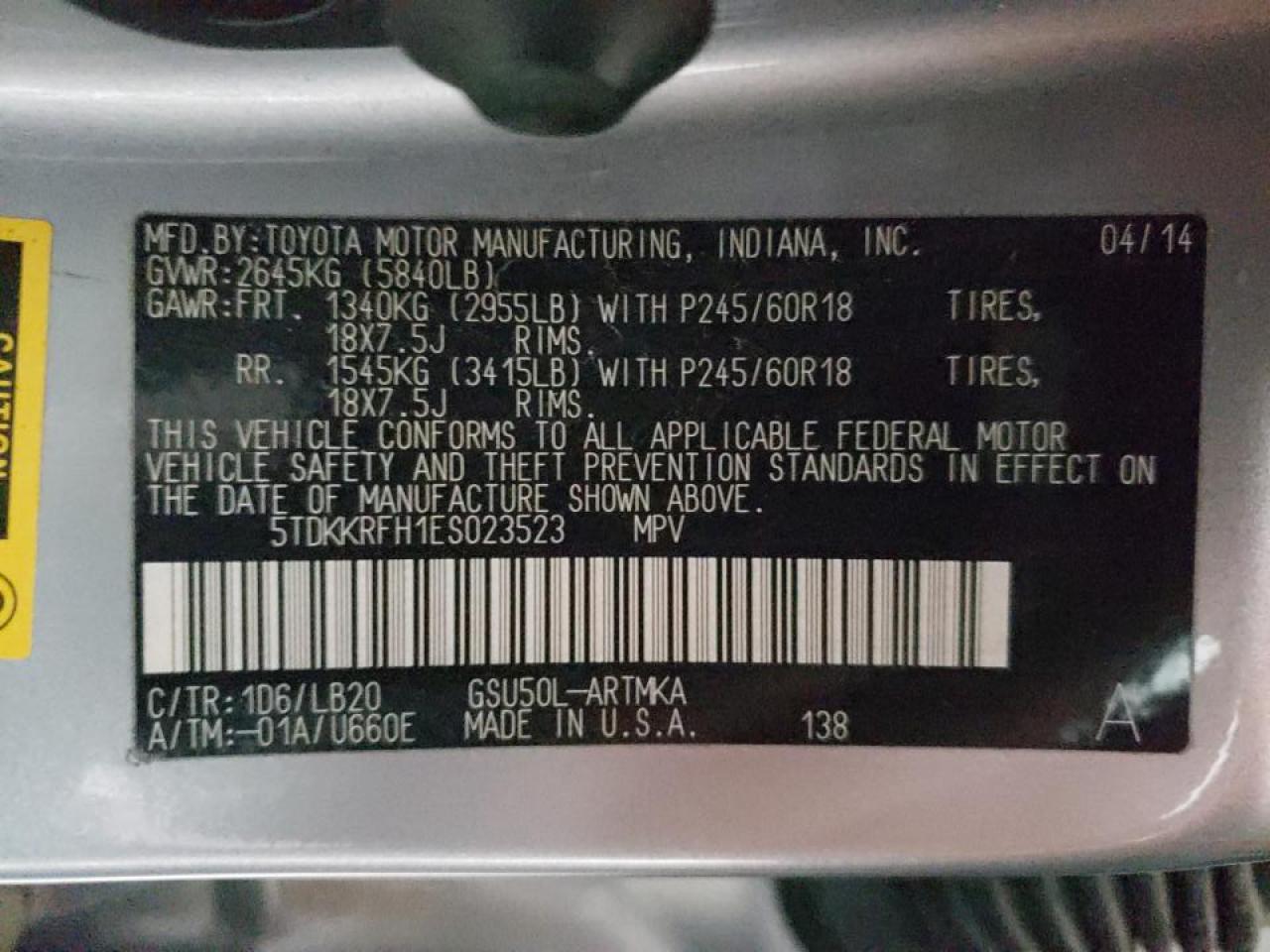 Photo 10 from auction – 2014 TOYOTA HIGHLANDER with VIN 5TDKKRFH1ES023523