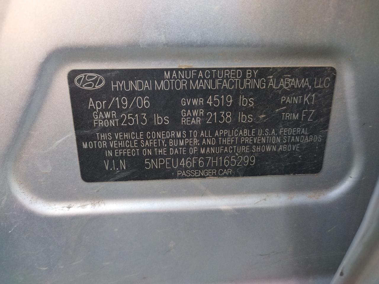 Photo 10 from auction – 2007 HYUNDAI SONATA SE with VIN 5NPEU46F67H165299