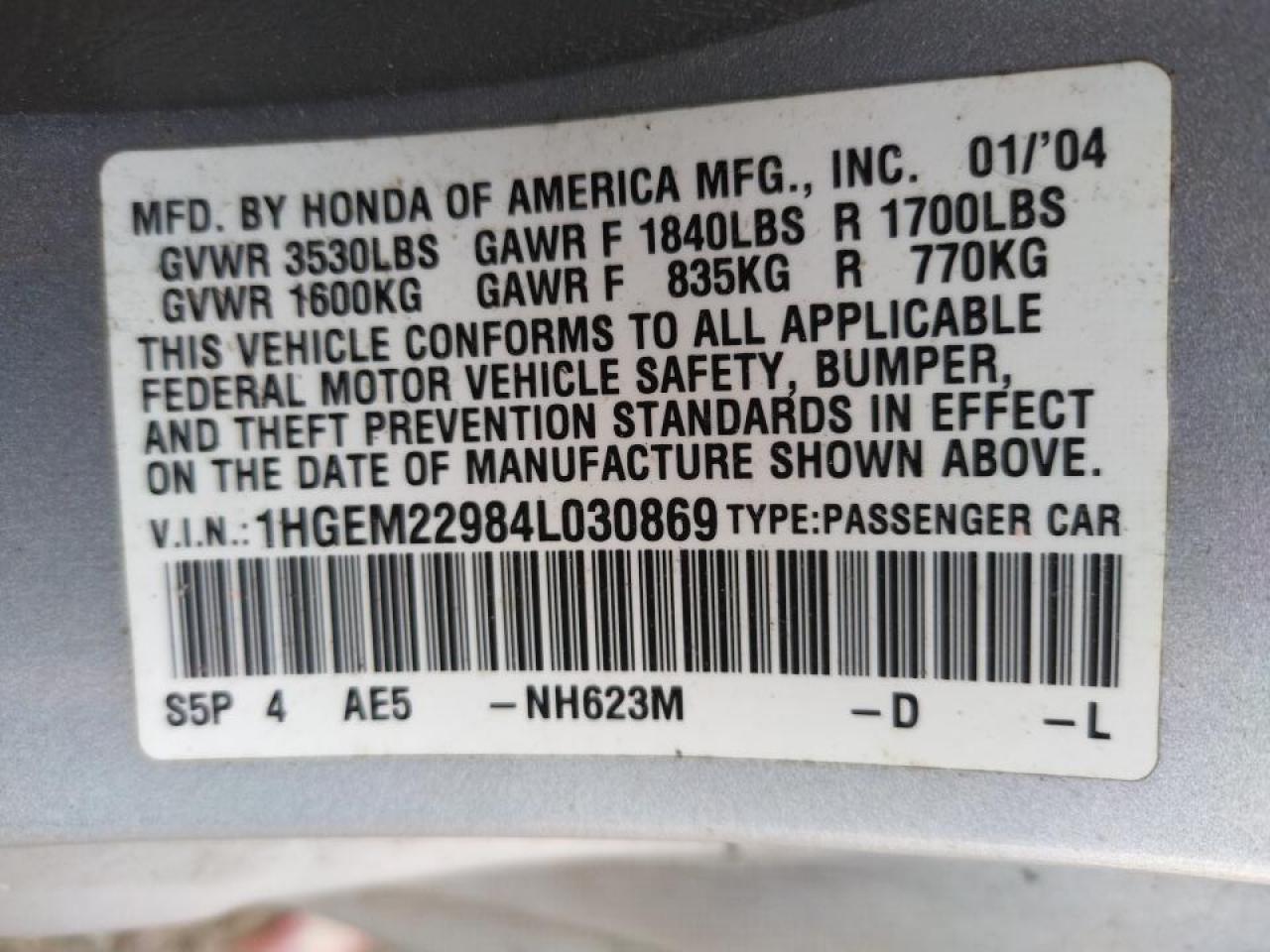 Photo 10 from auction – 2004 HONDA CIVIC EX with VIN 1HGEM22984L030869