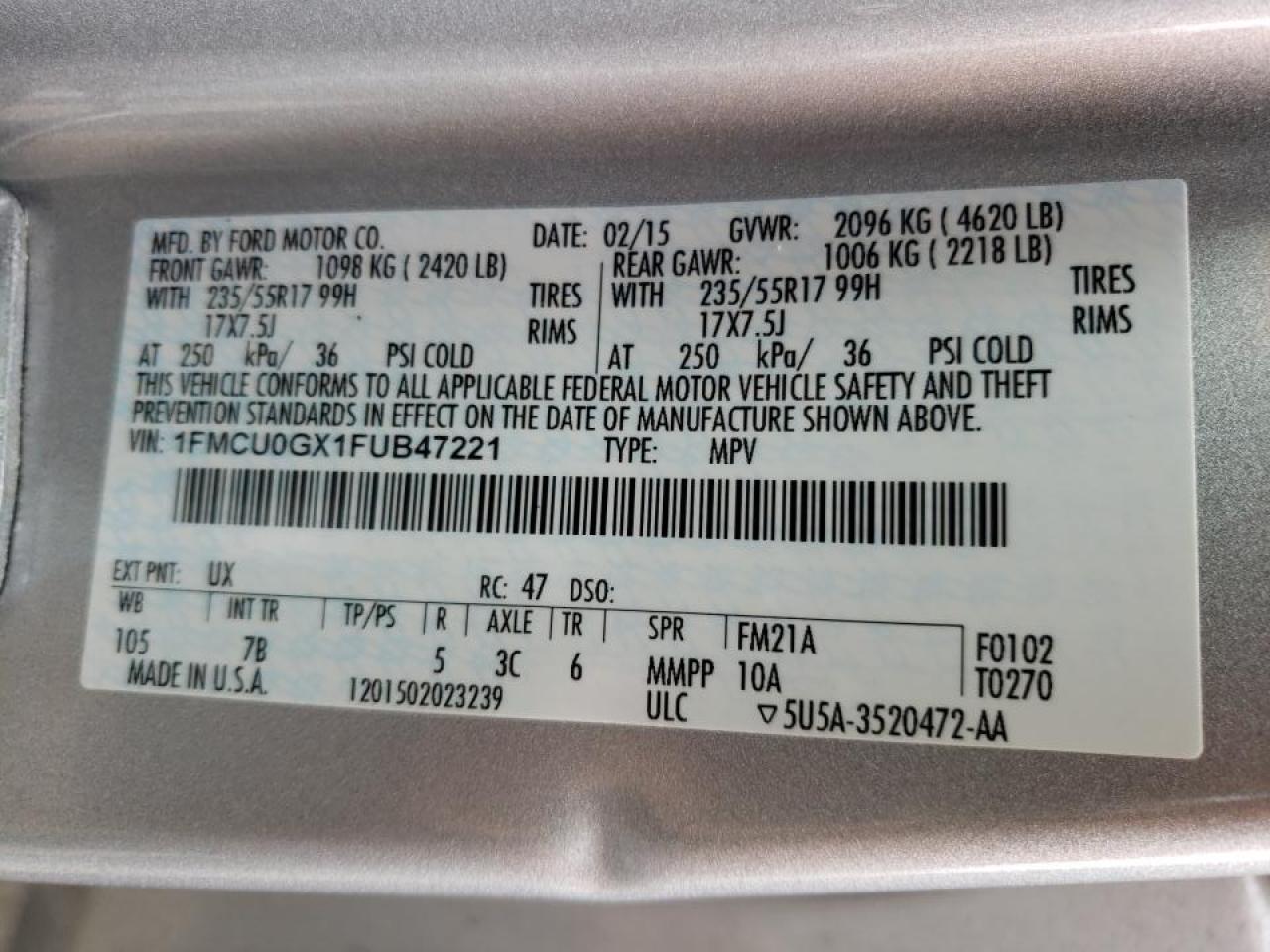Photo 10 from auction – 2015 FORD ESCAPE SE with VIN 1FMCU0GX1FUB47221