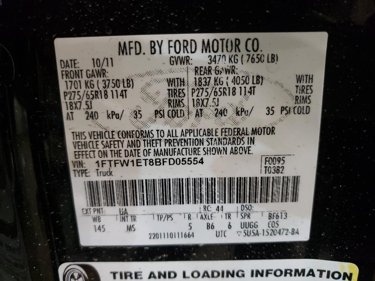 Photo 10 from auction – 2011 FORD F150 SUPER with VIN 1FTFW1ET8BFD05554