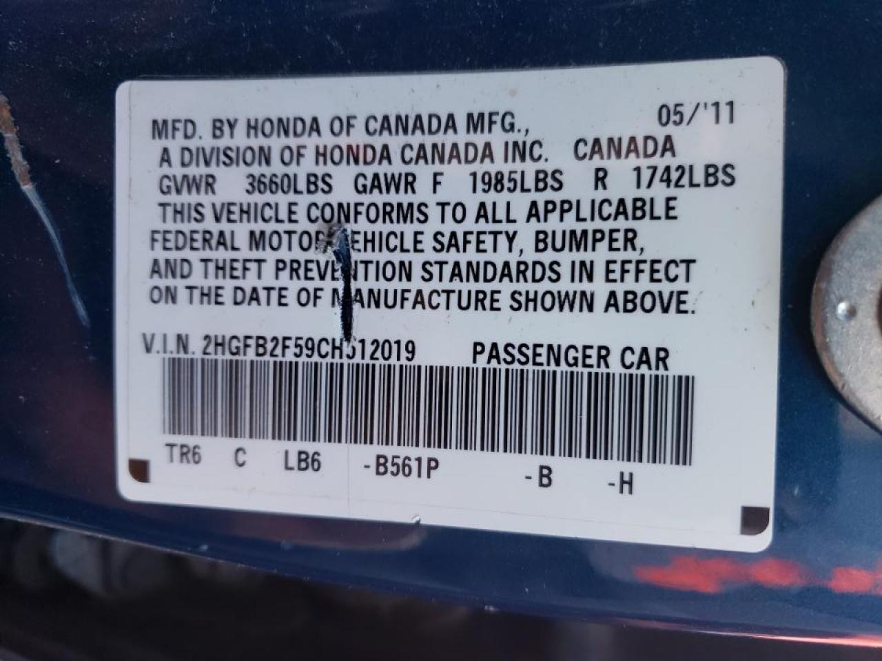 Photo 10 from auction – 2012 HONDA CIVIC SEDN with VIN 2HGFB2F59CH512019