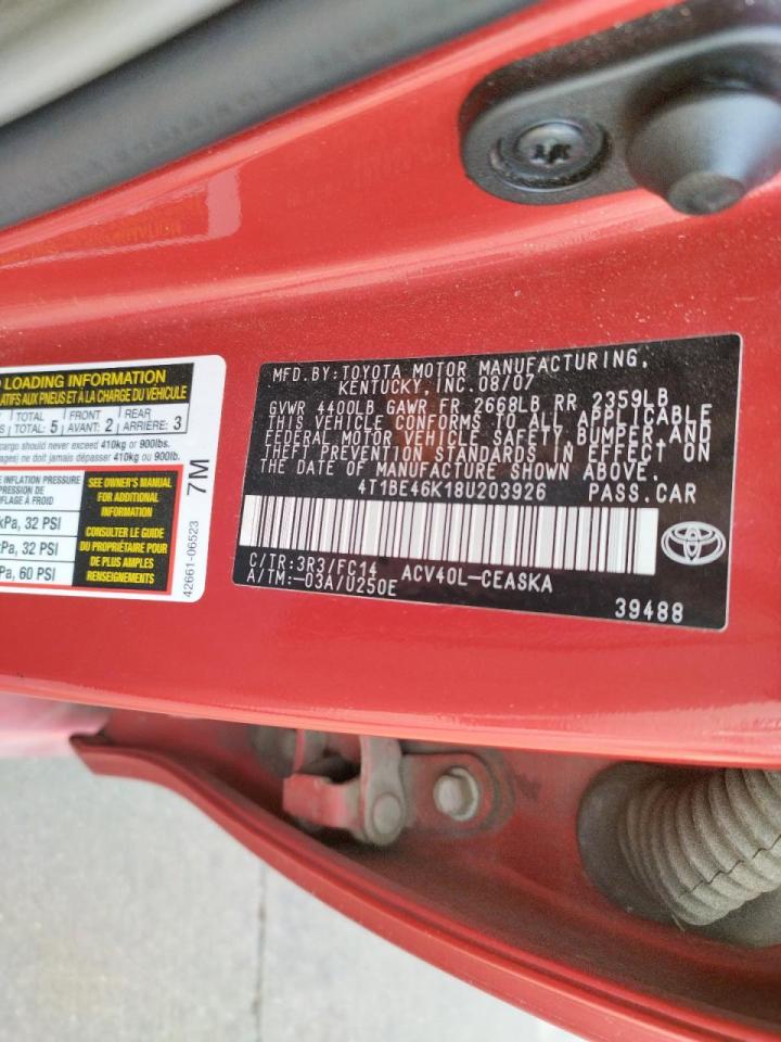 Photo 10 from auction – 2008 TOYOTA CAMRY CE with VIN 4T1BE46K18U203926