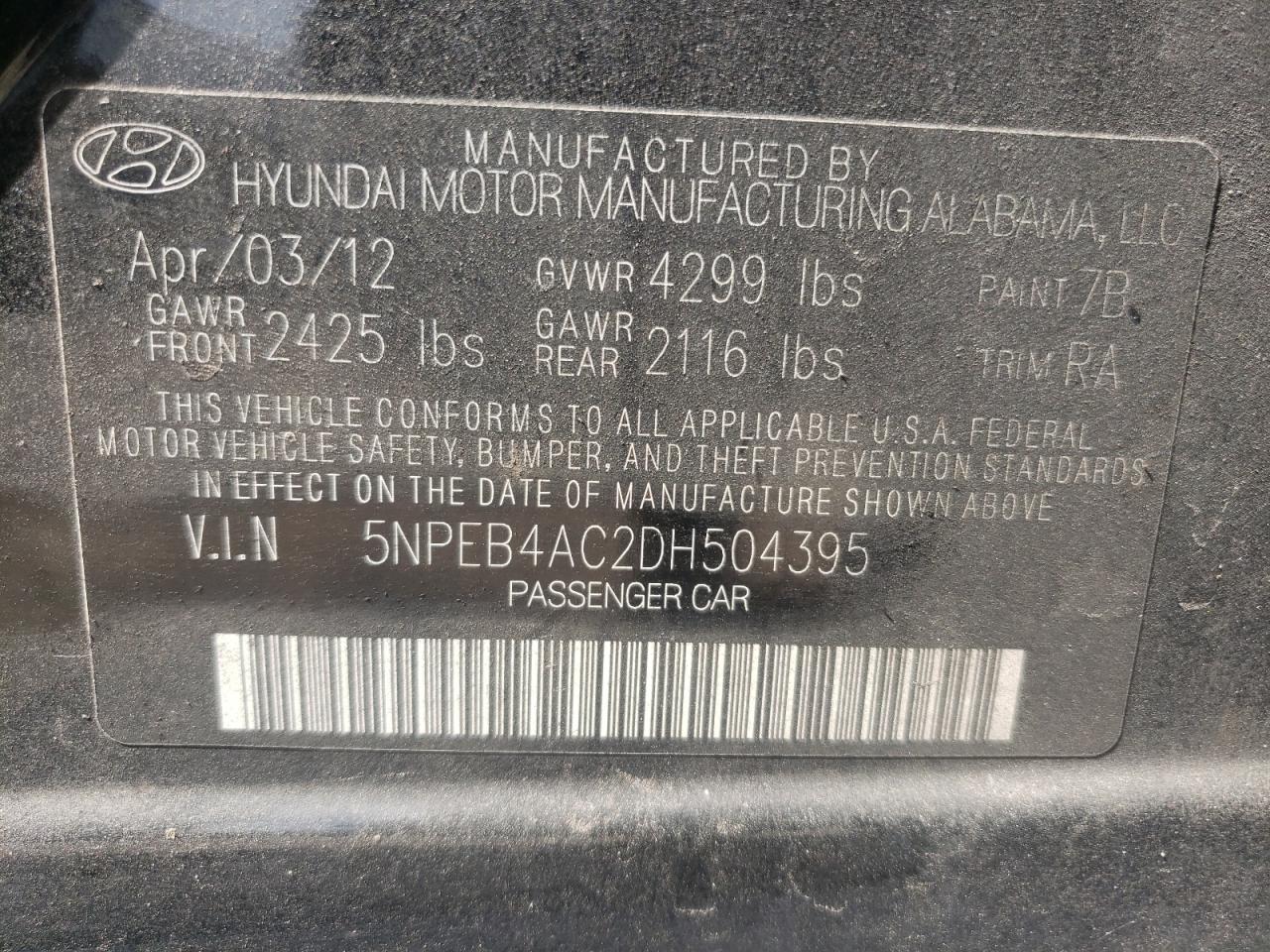 Photo 10 from auction – 2013 HYUNDAI SONATA GLS with VIN 5NPEB4AC2DH504395
