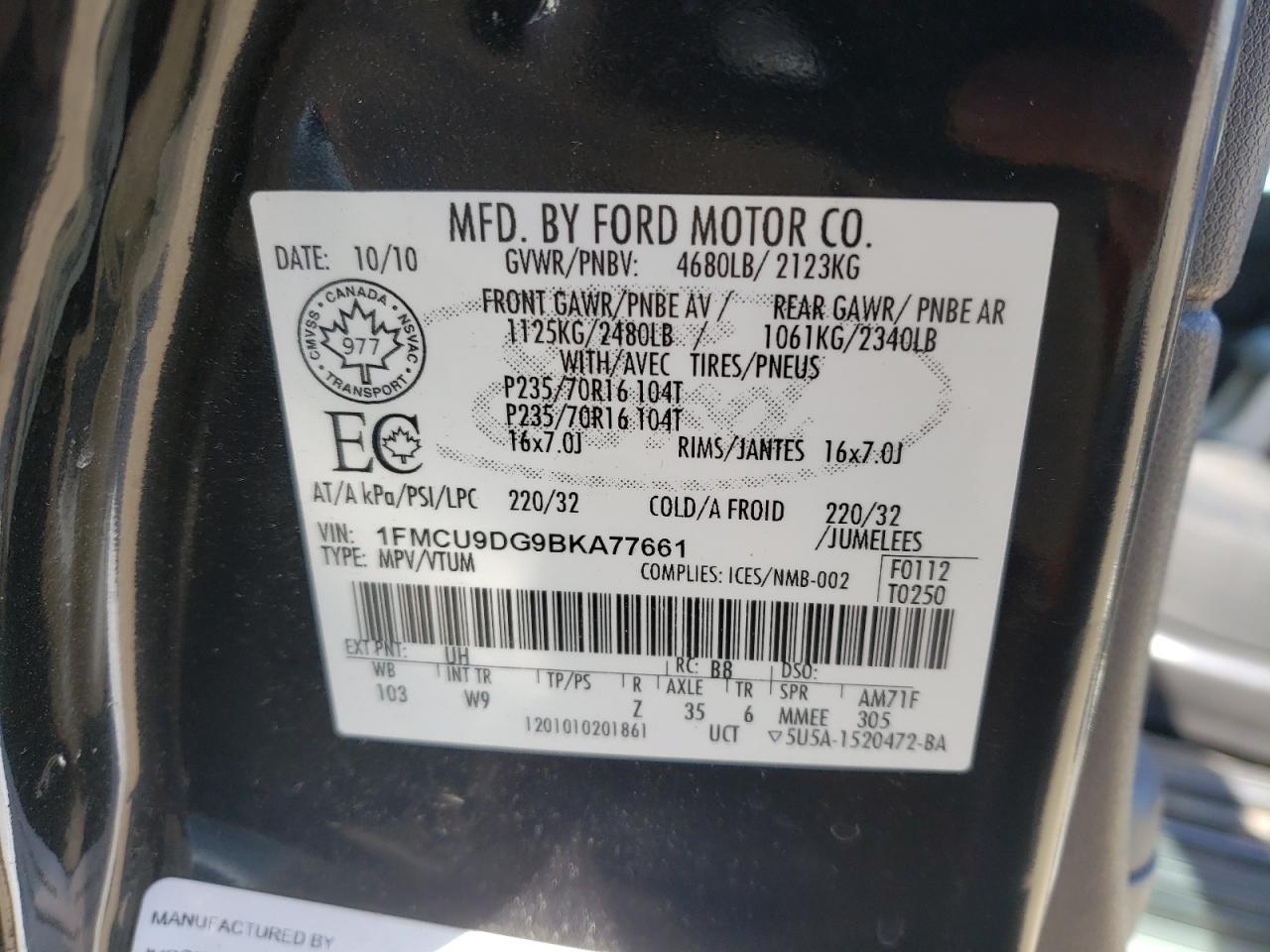 Photo 10 from auction – 2011 FORD ESCAPE XLT with VIN 1FMCU9DG9BKA77661