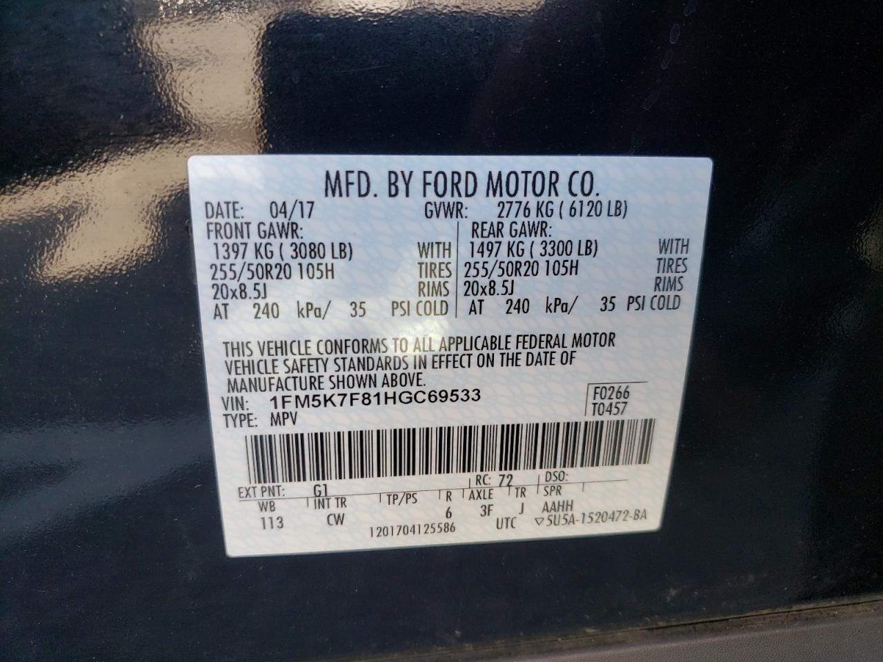 Photo 10 from auction – 2017 FORD EXPLORER L with VIN 1FM5K7F81HGC69533