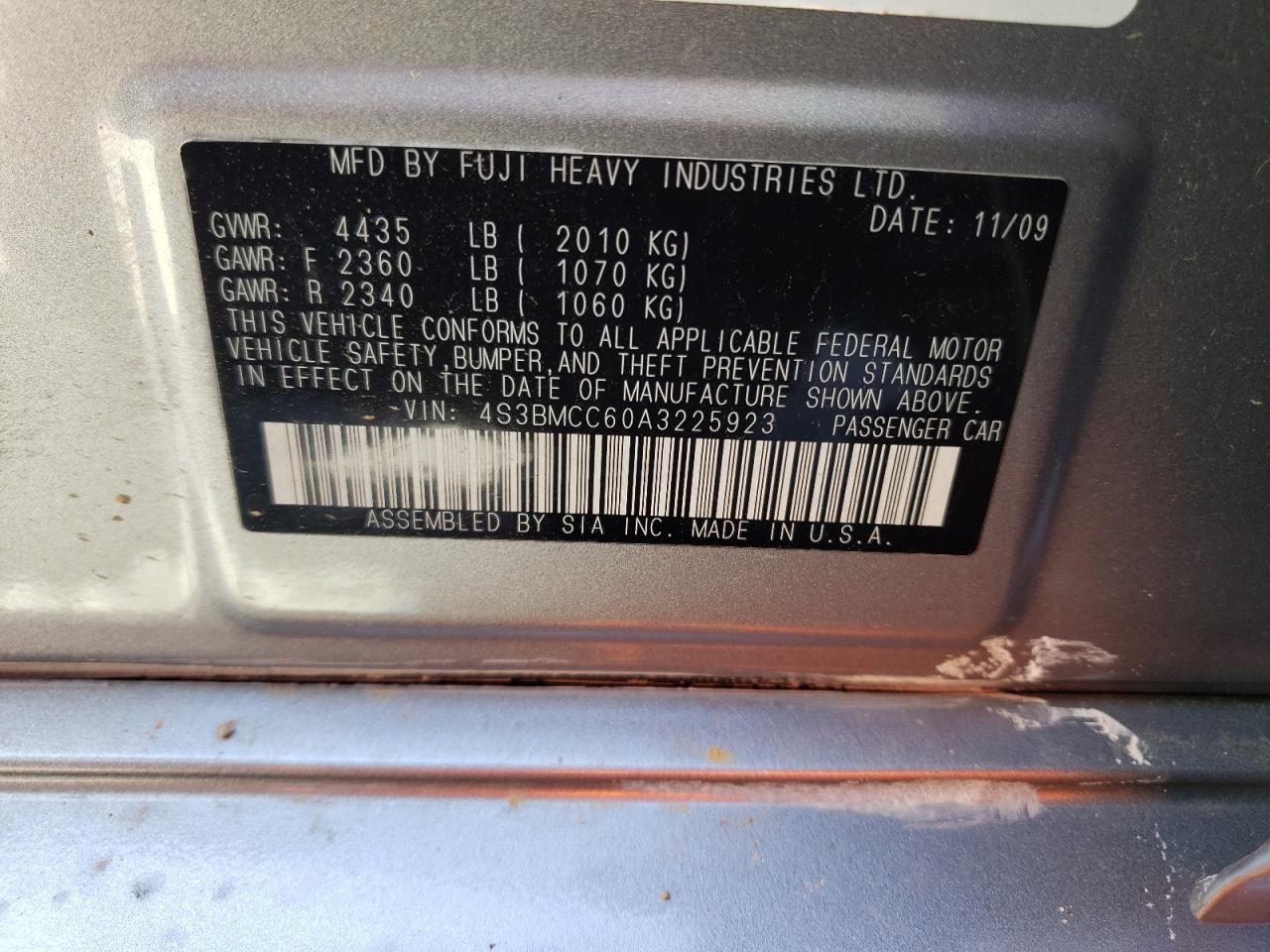 Photo 10 from auction – 2010 SUBARU LEGACY 2.5 with VIN 4S3BMCC60A3225923