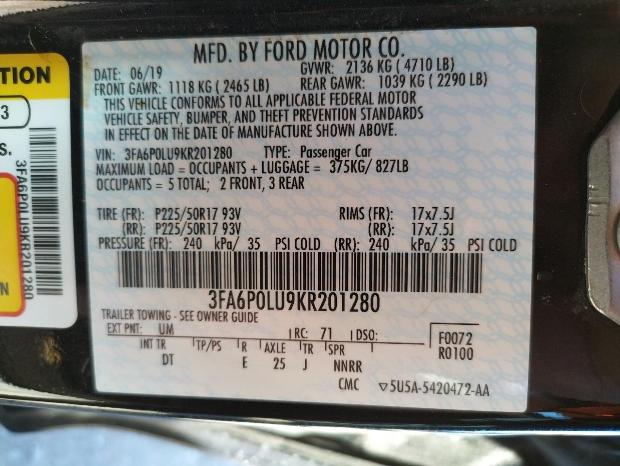 Photo 10 from auction – 2019 FORD FUSION SE with VIN 3FA6P0LU9KR201280