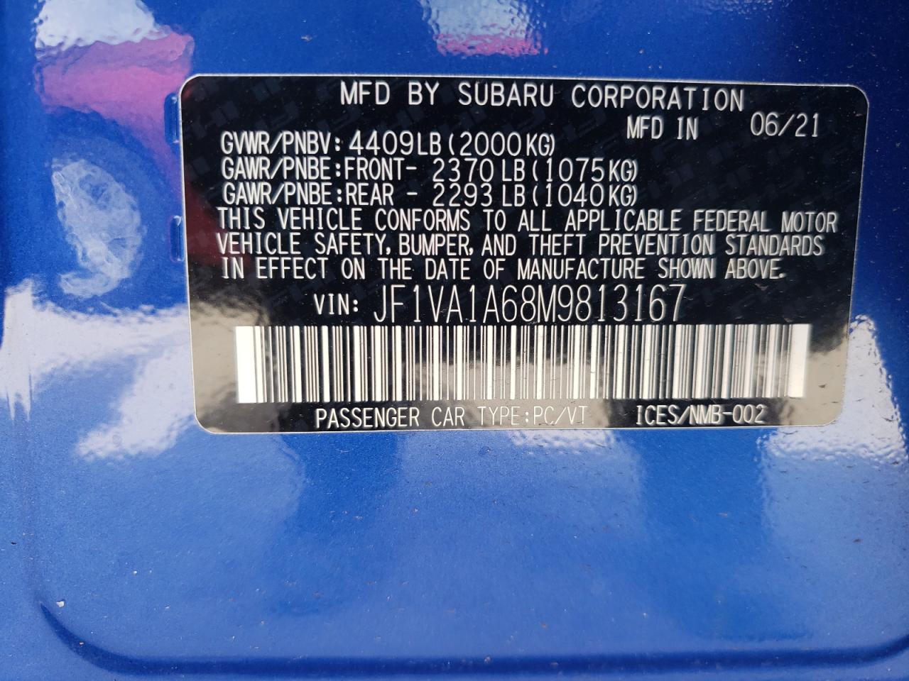 Photo 10 from auction – 2021 SUBARU WRX with VIN JF1VA1A68M9813167