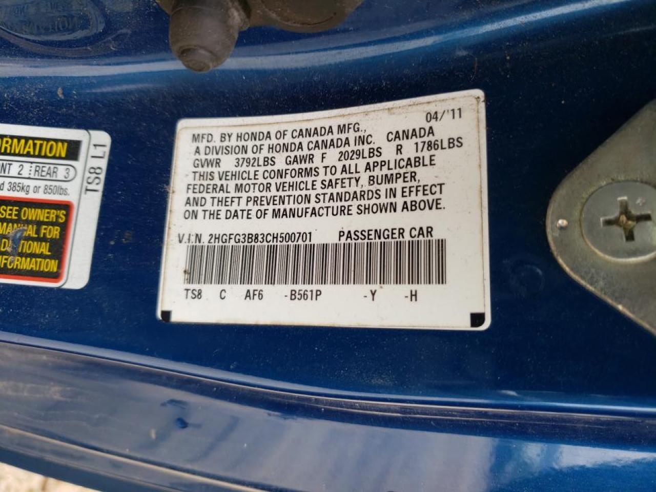 Photo 10 from auction – 2012 HONDA CIVIC EX with VIN 2HGFG3B83CH500701