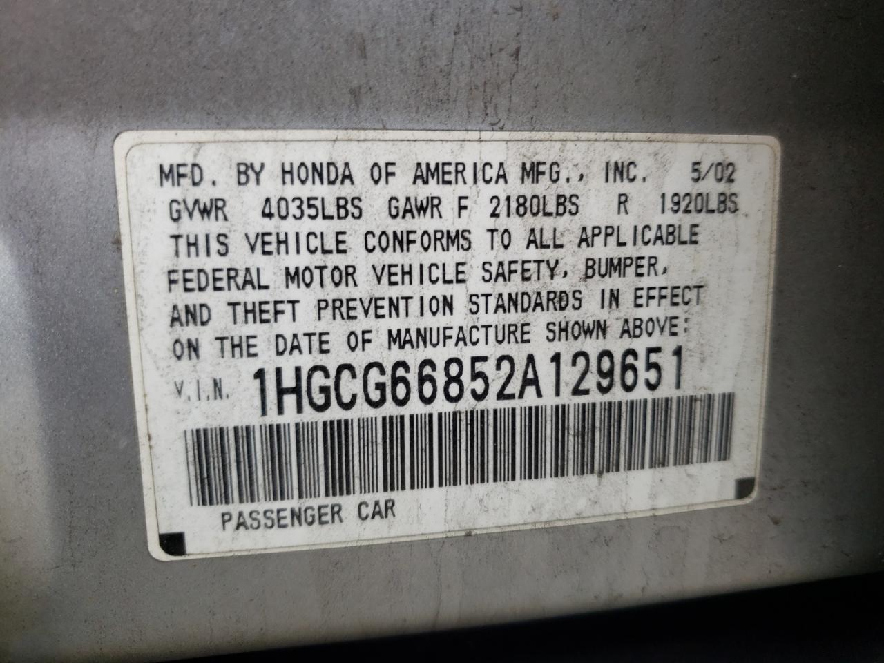 Photo 10 from auction – 2002 HONDA ACCORD EX with VIN 1HGCG66852A129651
