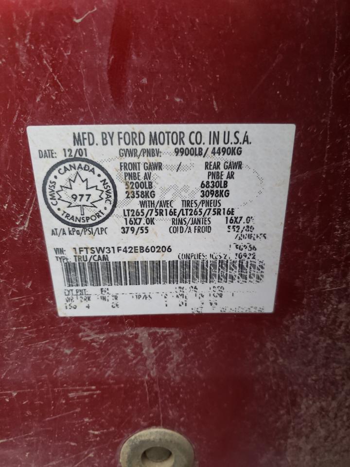 Photo 10 from auction – 2002 FORD F350 SRW S with VIN 1FTSW31F42EB60206