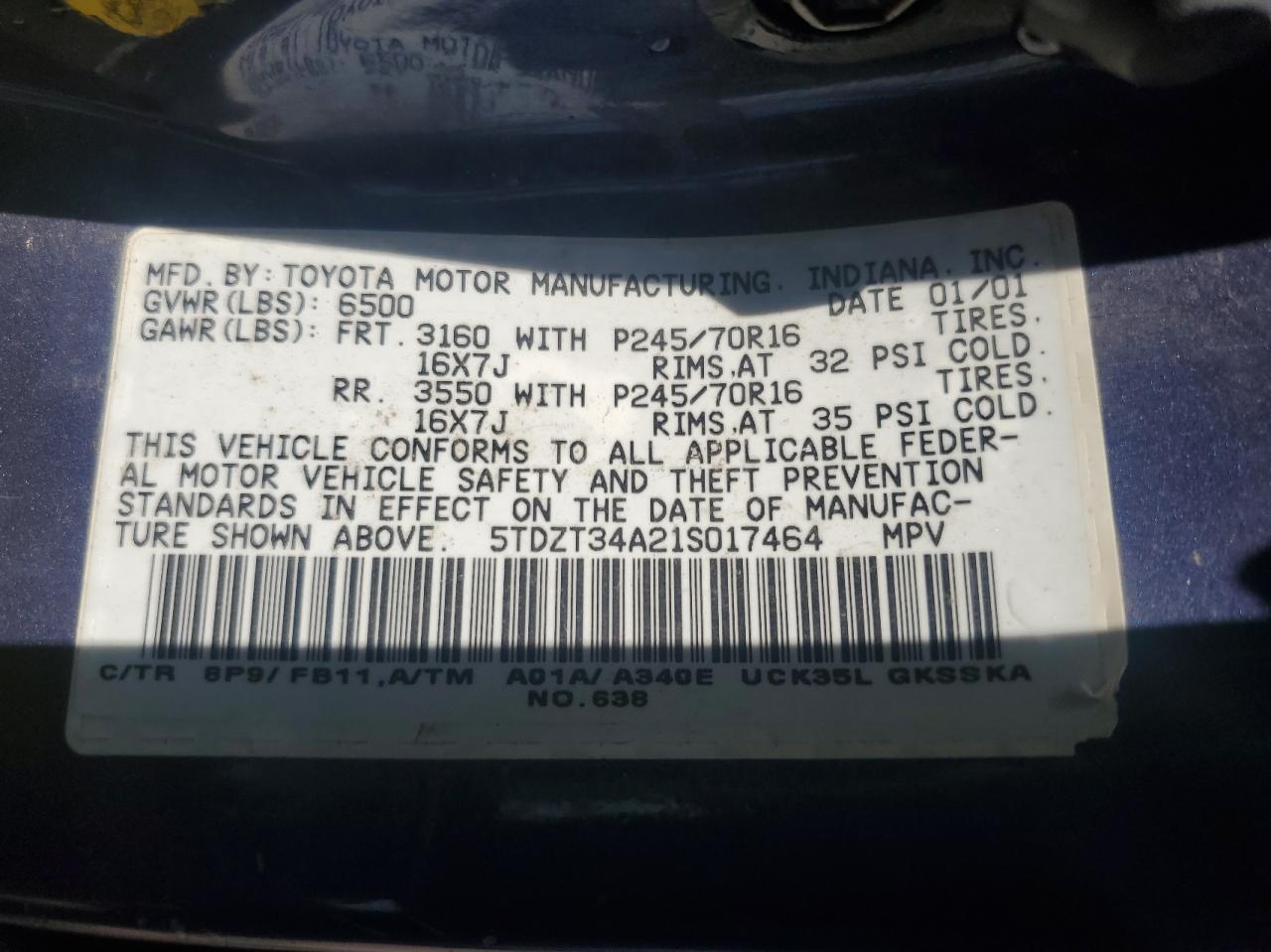 Photo 10 from auction – 2001 TOYOTA SEQUOIA SR with VIN 5TDZT34A21S017464