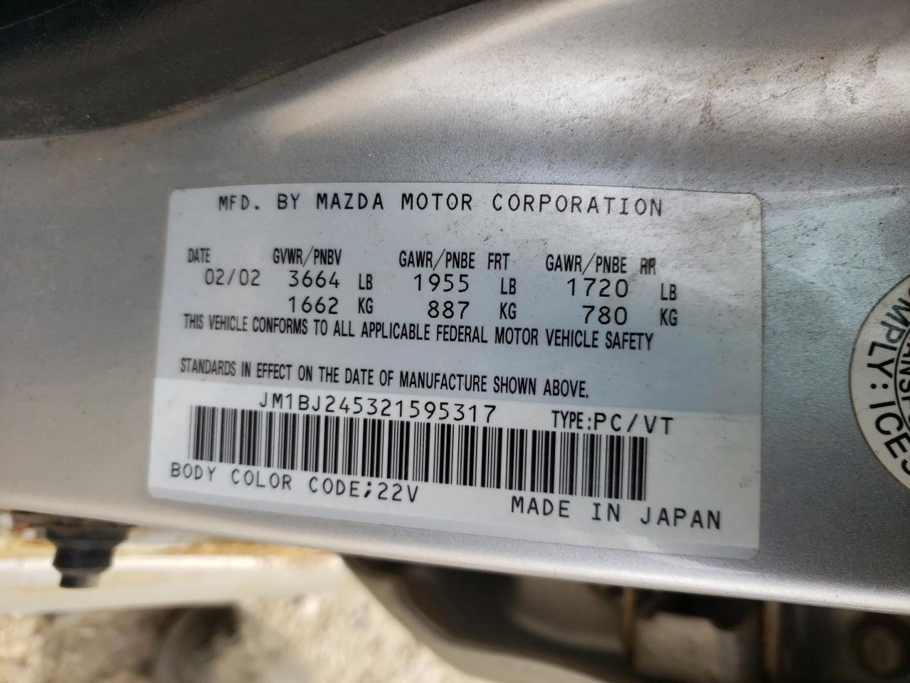 Photo 10 from auction – 2002 MAZDA PROTEGE PR with VIN JM1BJ245321595317