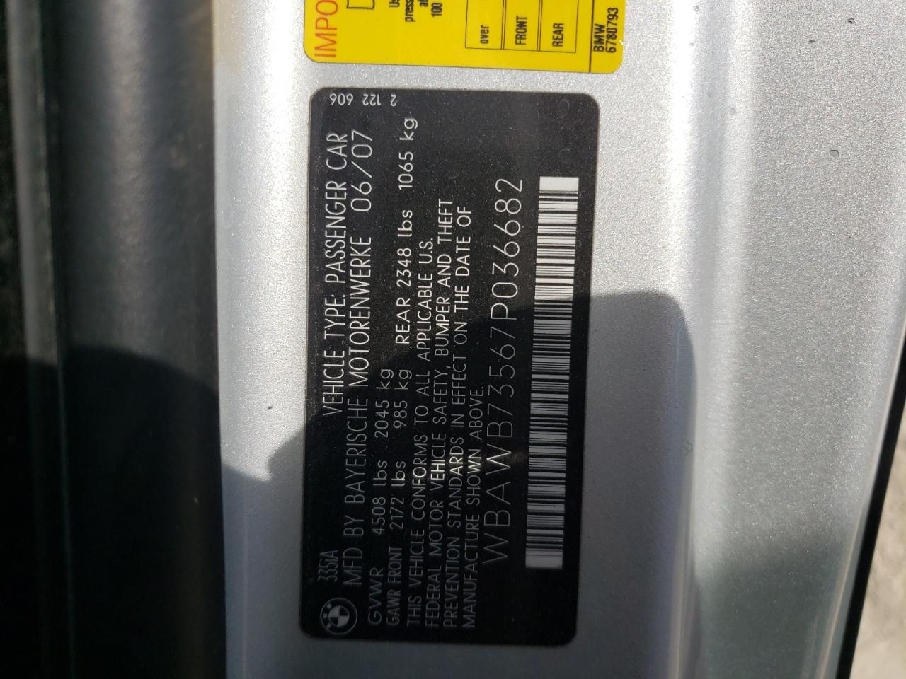 Photo 10 from auction – 2007 BMW 335 I with VIN WBAWB73567P036682