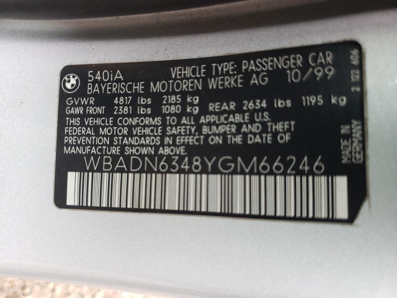 Photo 10 from auction – 2000 BMW 540 I AUTO with VIN WBADN6348YGM66246