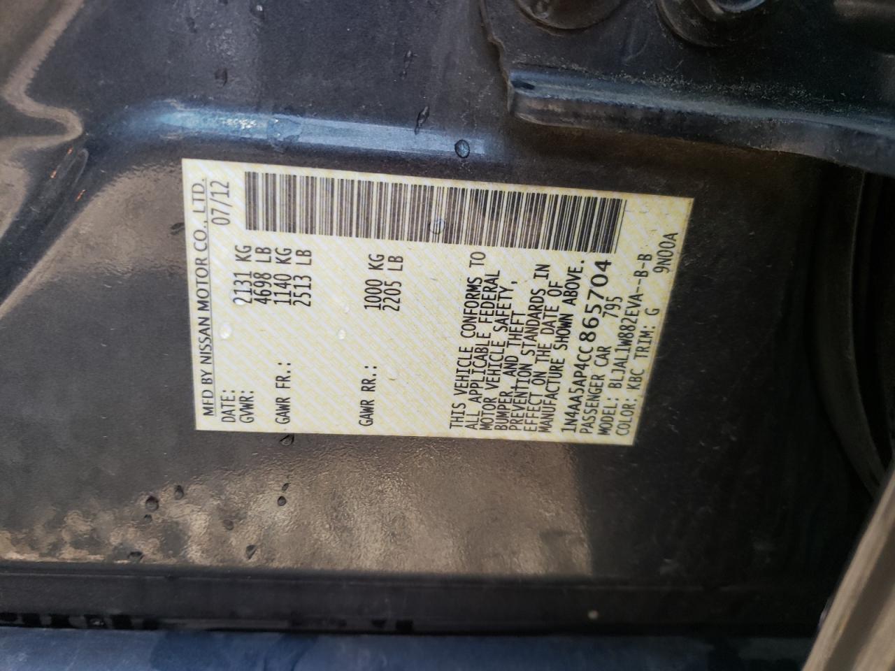 Photo 10 from auction – 2012 NISSAN MAXIMA S with VIN 1N4AA5AP4CC865704