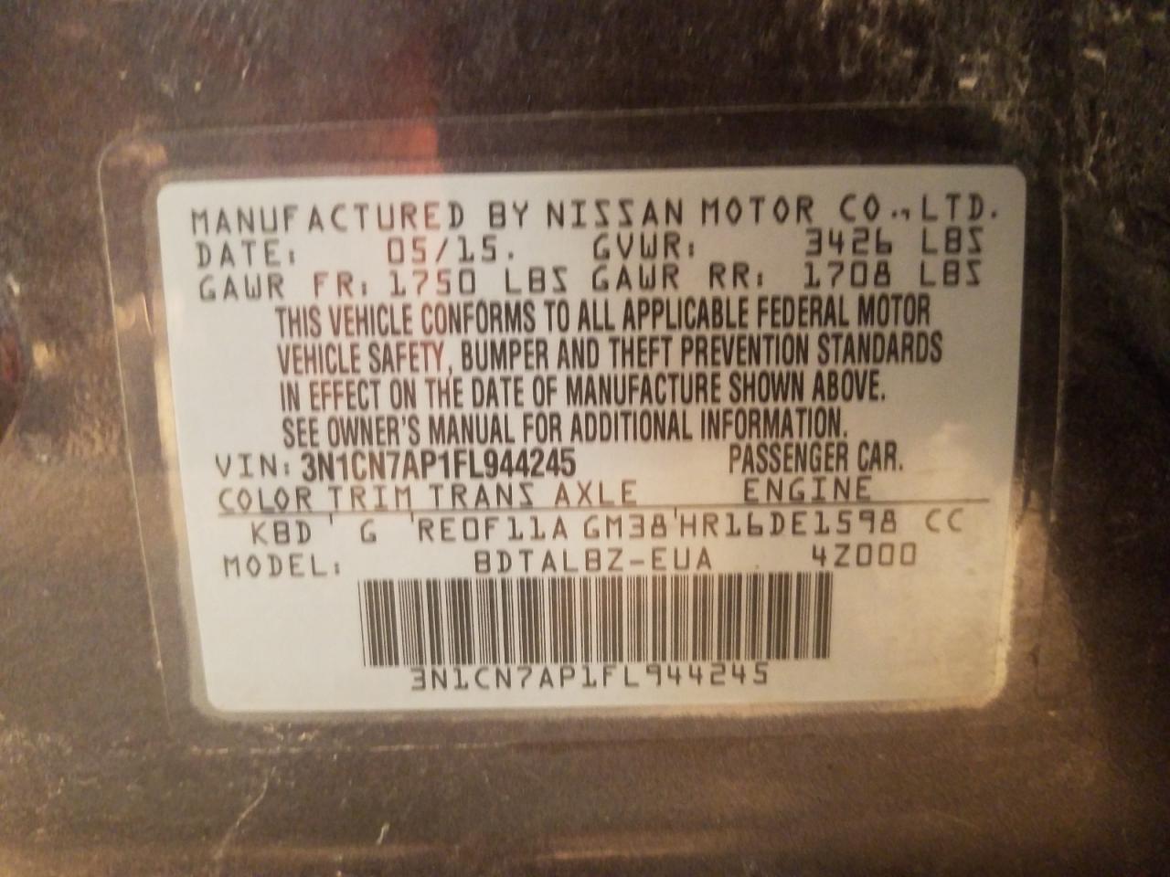 Photo 10 from auction – 2015 NISSAN VERSA S with VIN 3N1CN7AP1FL944245