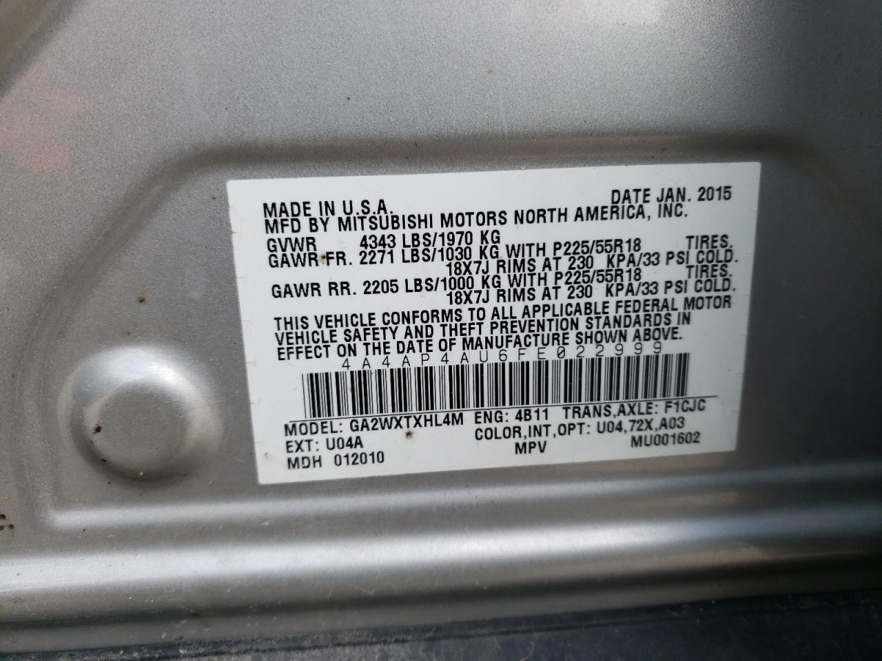 Photo 20 from auction – 2015 MITSUBISHI OUTLANDER with VIN 4A4AP4AU6FE022999