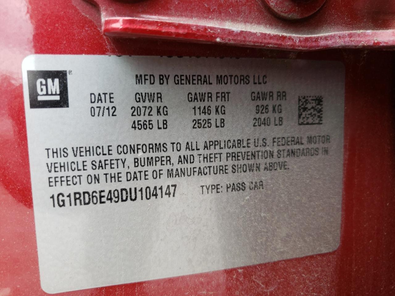 Photo 10 from auction – 2013 CHEVROLET VOLT with VIN 1G1RD6E49DU104147