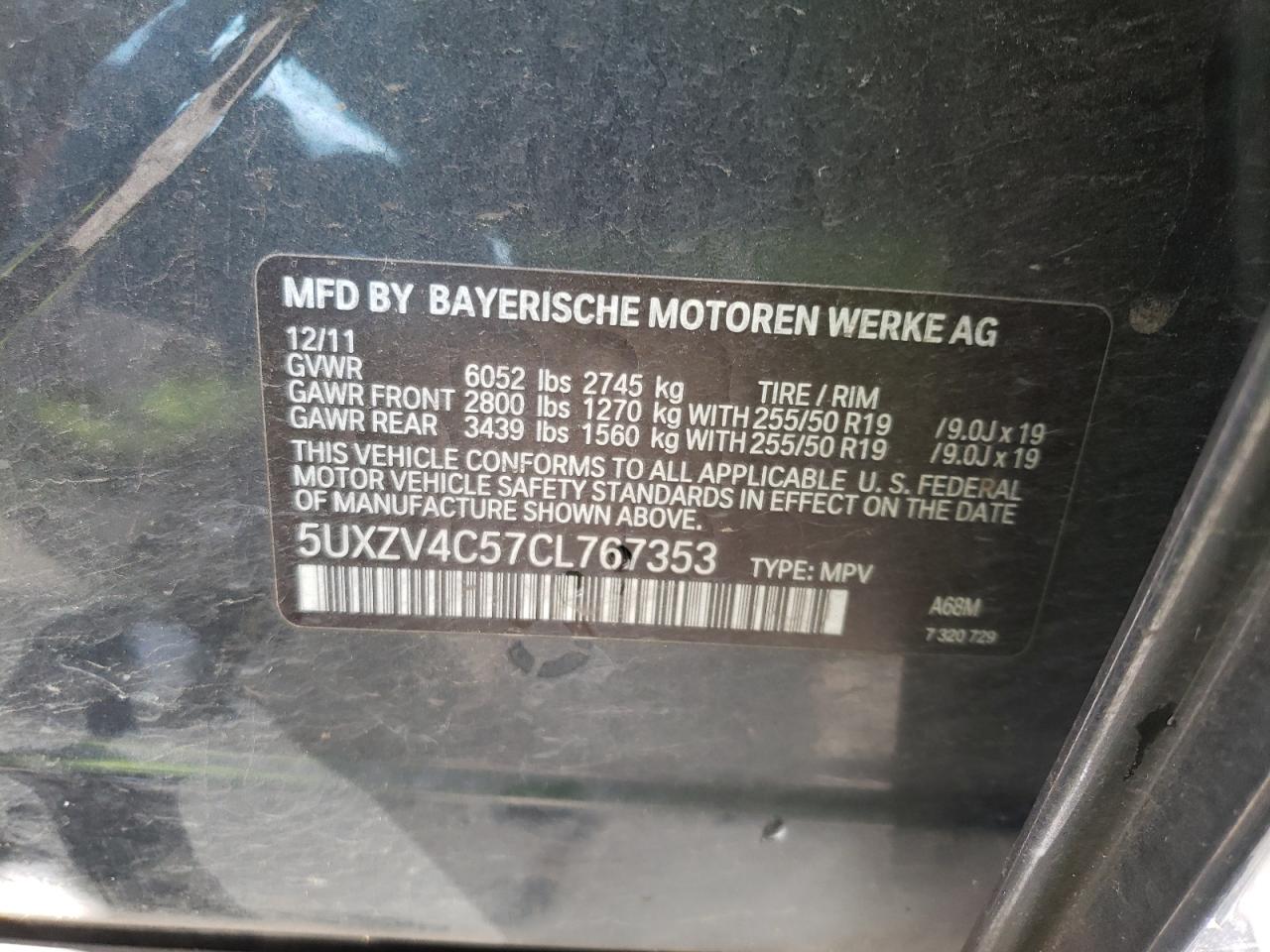 Photo 10 from auction – 2012 BMW X5 XDRIVE3 with VIN 5UXZV4C57CL767353