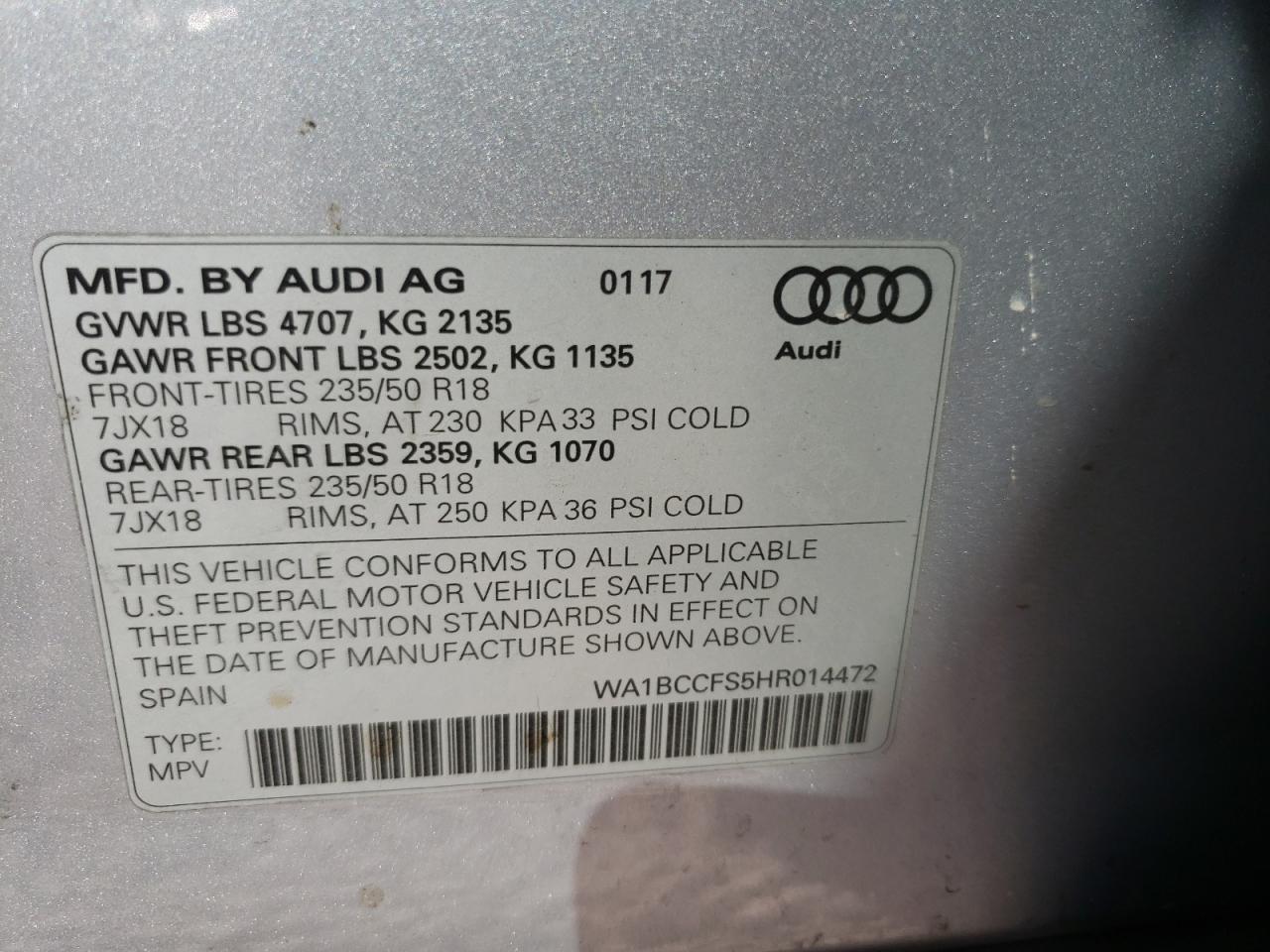 Photo 10 from auction – 2017 AUDI Q3 PREMIUM with VIN WA1BCCFS5HR014472