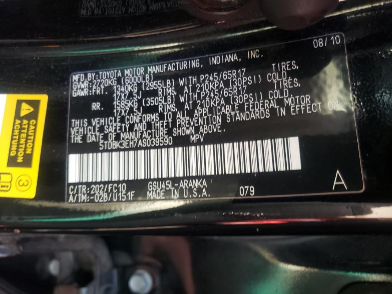 Photo 10 from auction – 2010 TOYOTA HIGHLANDER with VIN 5TDBK3EH7AS039590