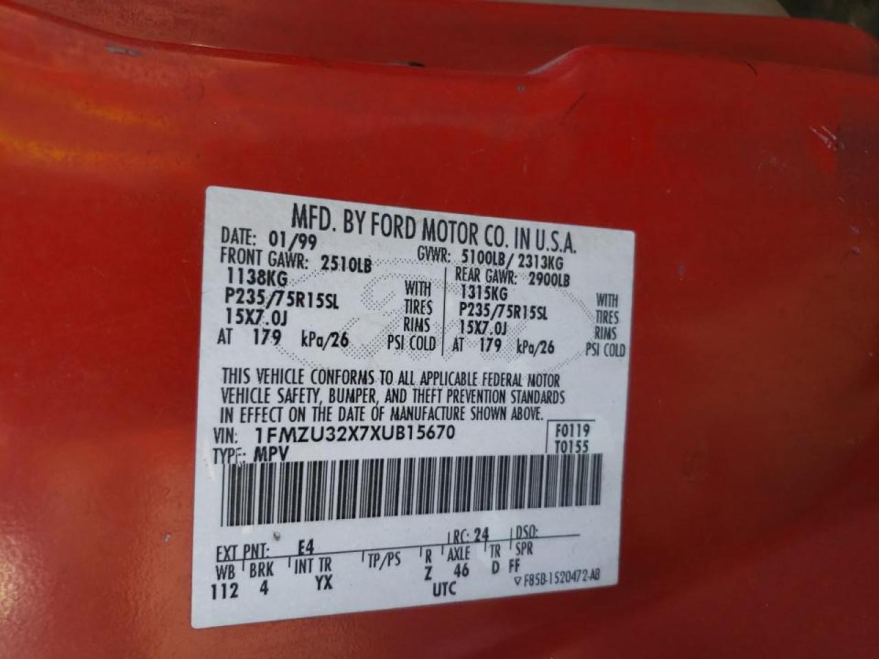 Photo 10 from auction – 1999 FORD EXPLORER with VIN 1FMZU32X7XUB15670