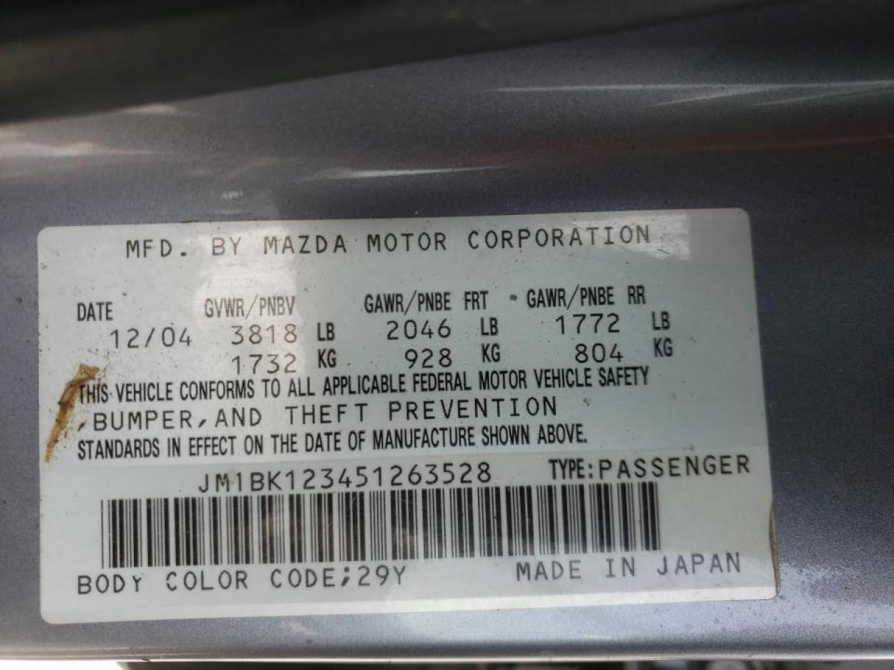 Photo 10 from auction – 2005 MAZDA 3 with VIN JM1BK123451263528