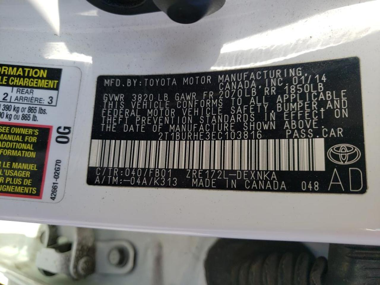 Photo 10 from auction – 2014 TOYOTA COROLLA L with VIN 2T1BURHE3EC103816